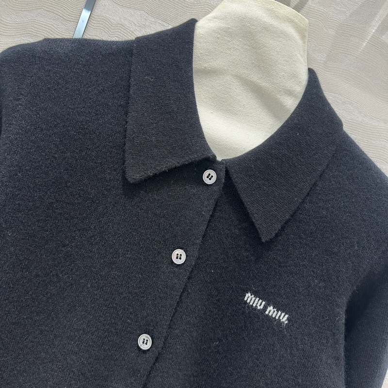 Miu Miu Logo Embroidered Long Sleeve Cashmere Cardigan Black