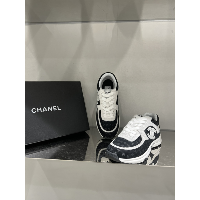 Ch*el nylon suede calfskin printed cc sneakers white black