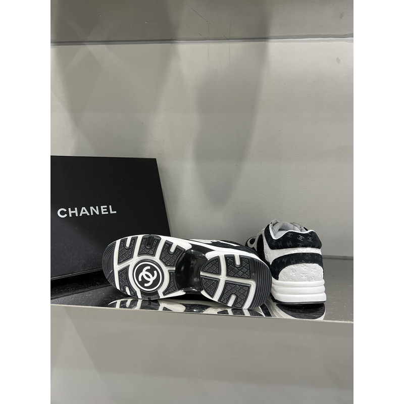 Ch*el nylon suede calfskin printed cc sneakers white black