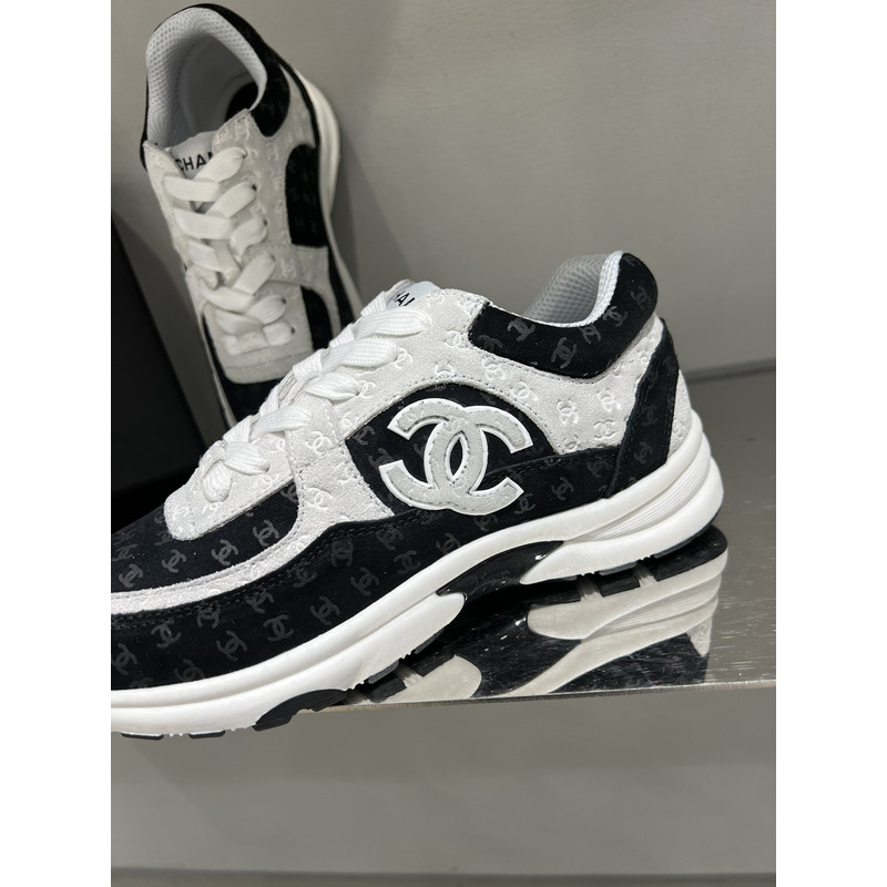 Ch*el nylon suede calfskin printed cc sneakers white black