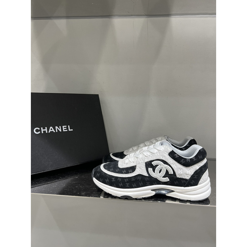 Ch*el nylon suede calfskin printed cc sneakers white black