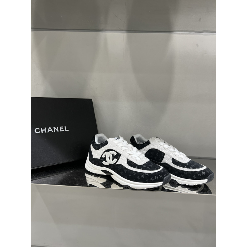 Ch*el nylon suede calfskin printed cc sneakers white black