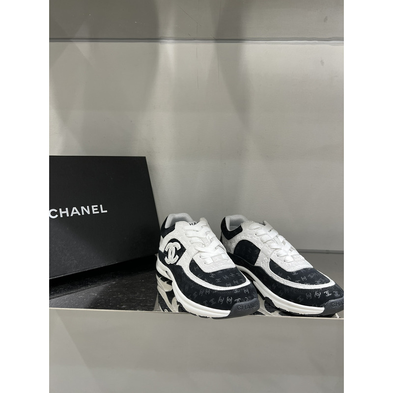 Ch*el nylon suede calfskin printed cc sneakers white black