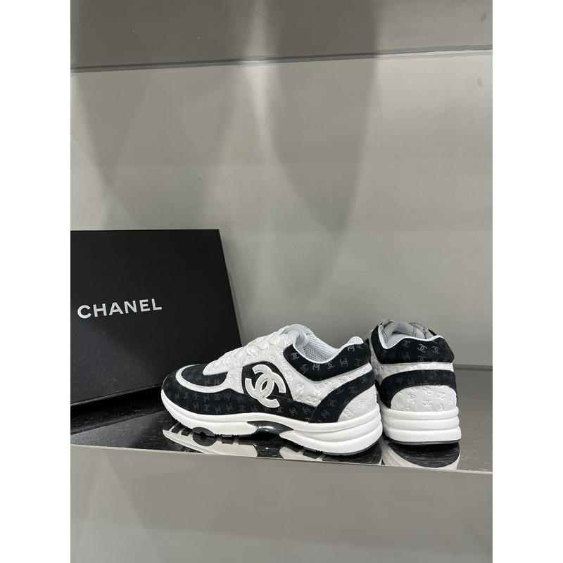 Ch*el nylon suede calfskin printed cc sneakers white black