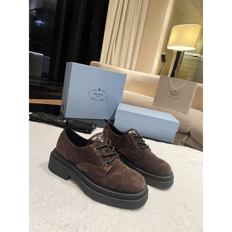 Pra*a triangle-logo suede lace-up shoes dark brown