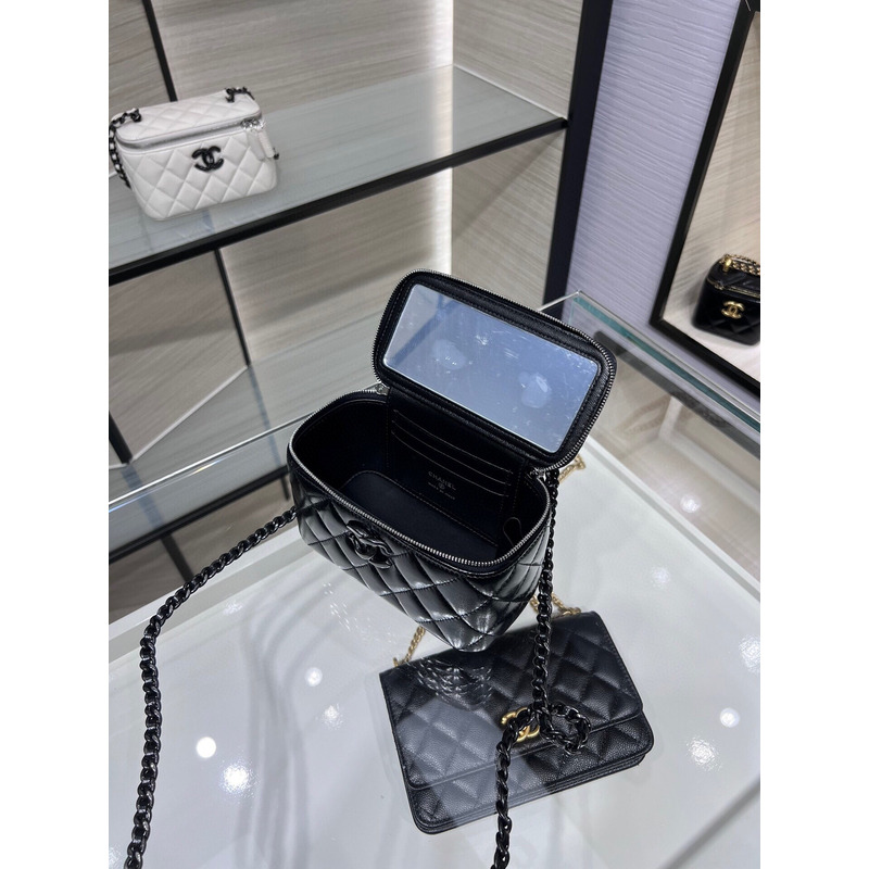 Ch*el shiny crumpled calfskin quilted crystal top handle vanity case with chain black